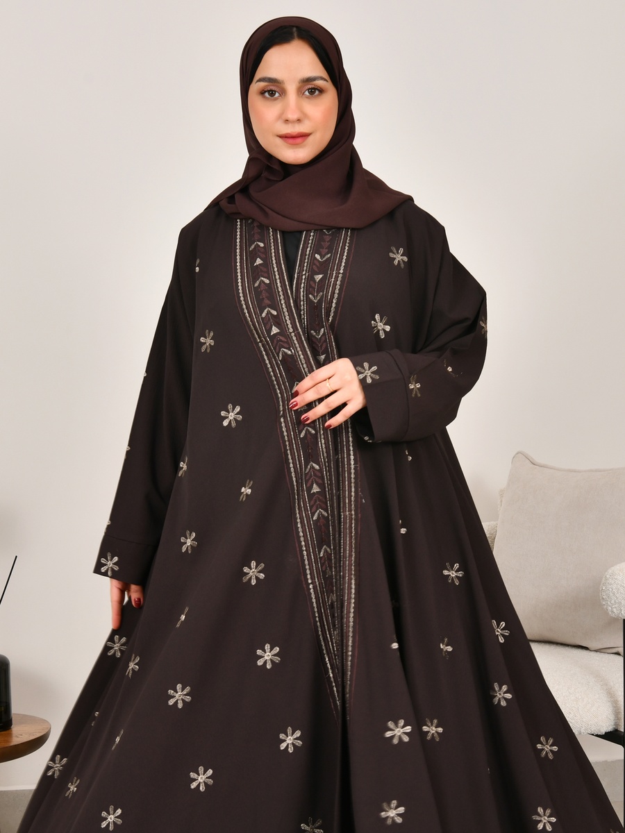Brown Wrap Abaya with Embroidery