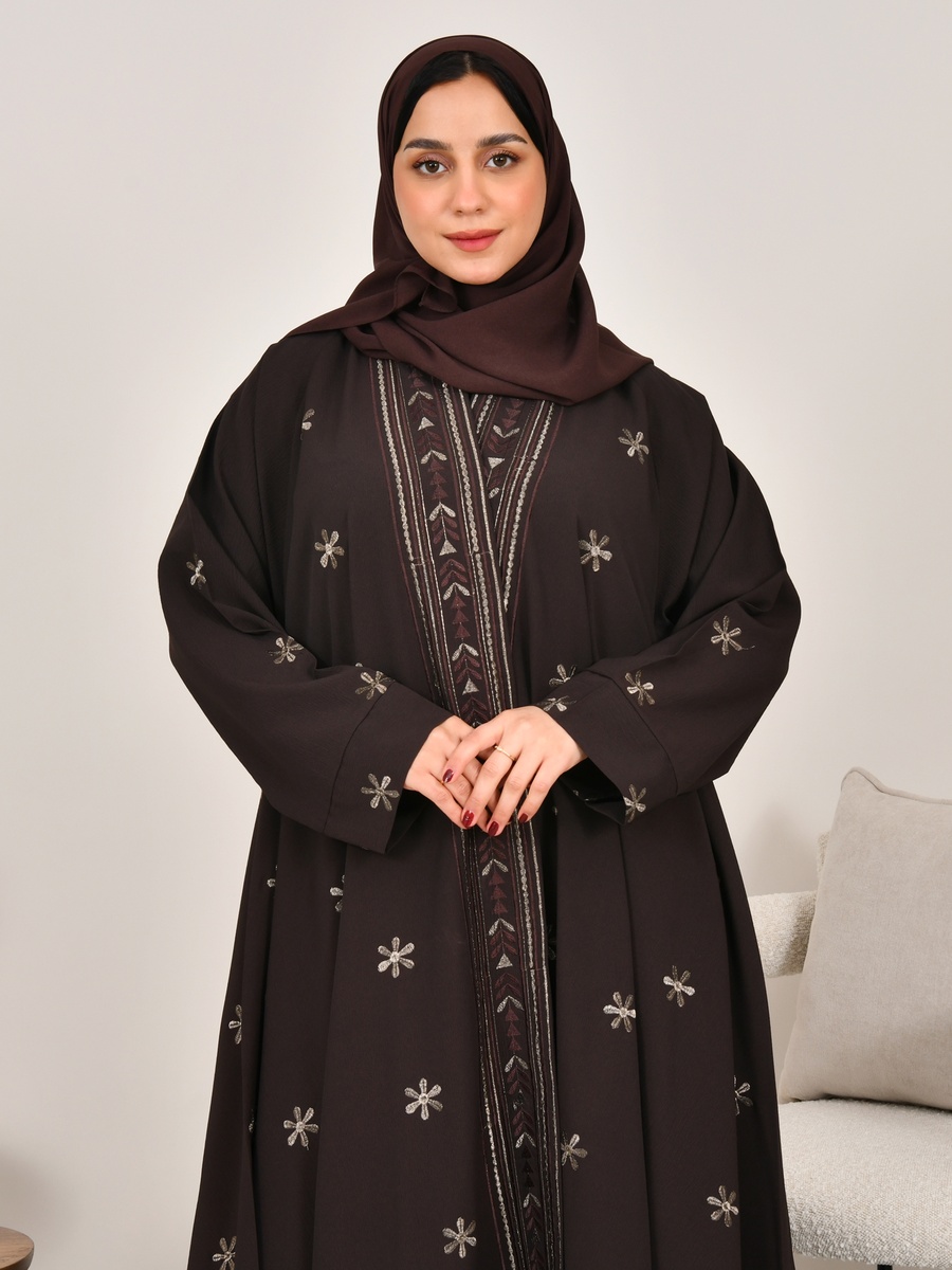 Brown Wrap Abaya with Embroidery