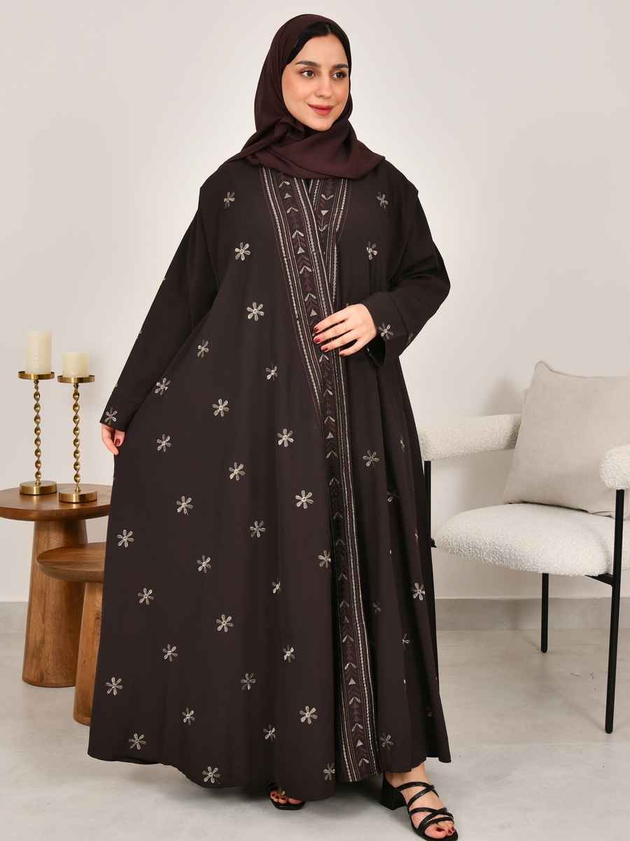 Brown Wrap Abaya with Embroidery
