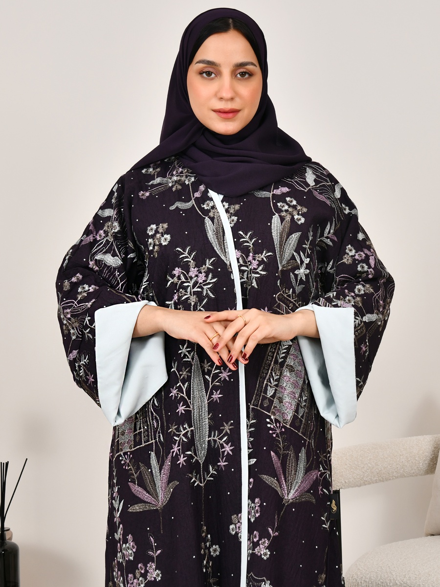 Dark Purple Floral Embroidery Abaya