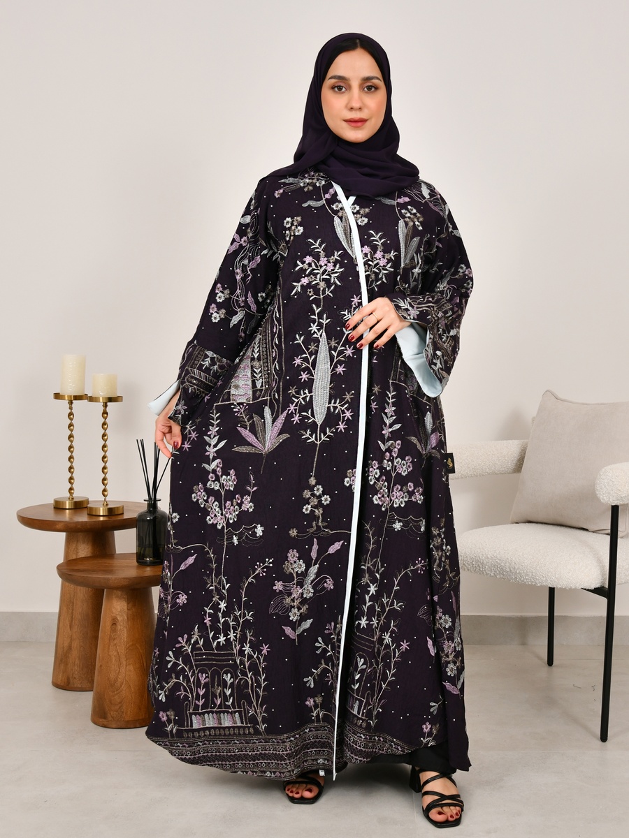 Dark Purple Floral Embroidery Abaya