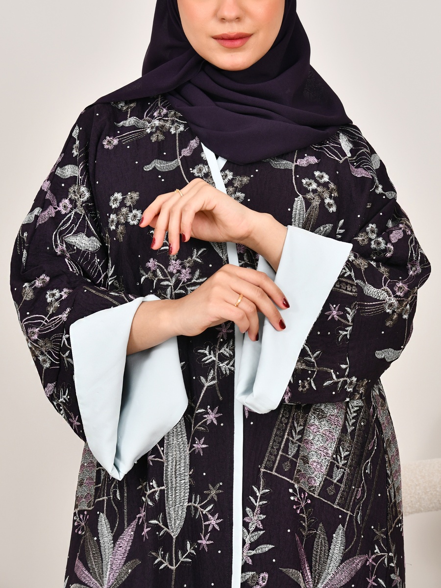 Dark Purple Floral Embroidery Abaya
