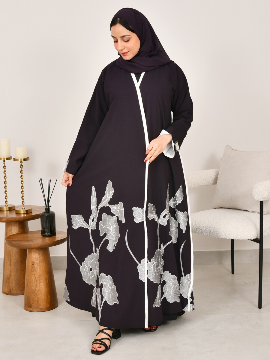 Dark Purple Embroidered Hem Abaya