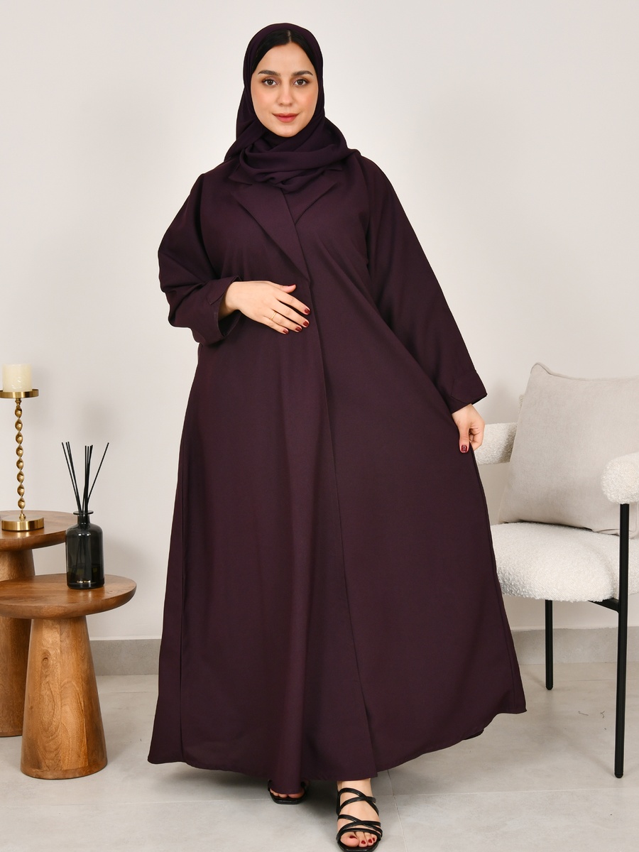 Dark Purple Formal-Cut Lapel Neck Abaya