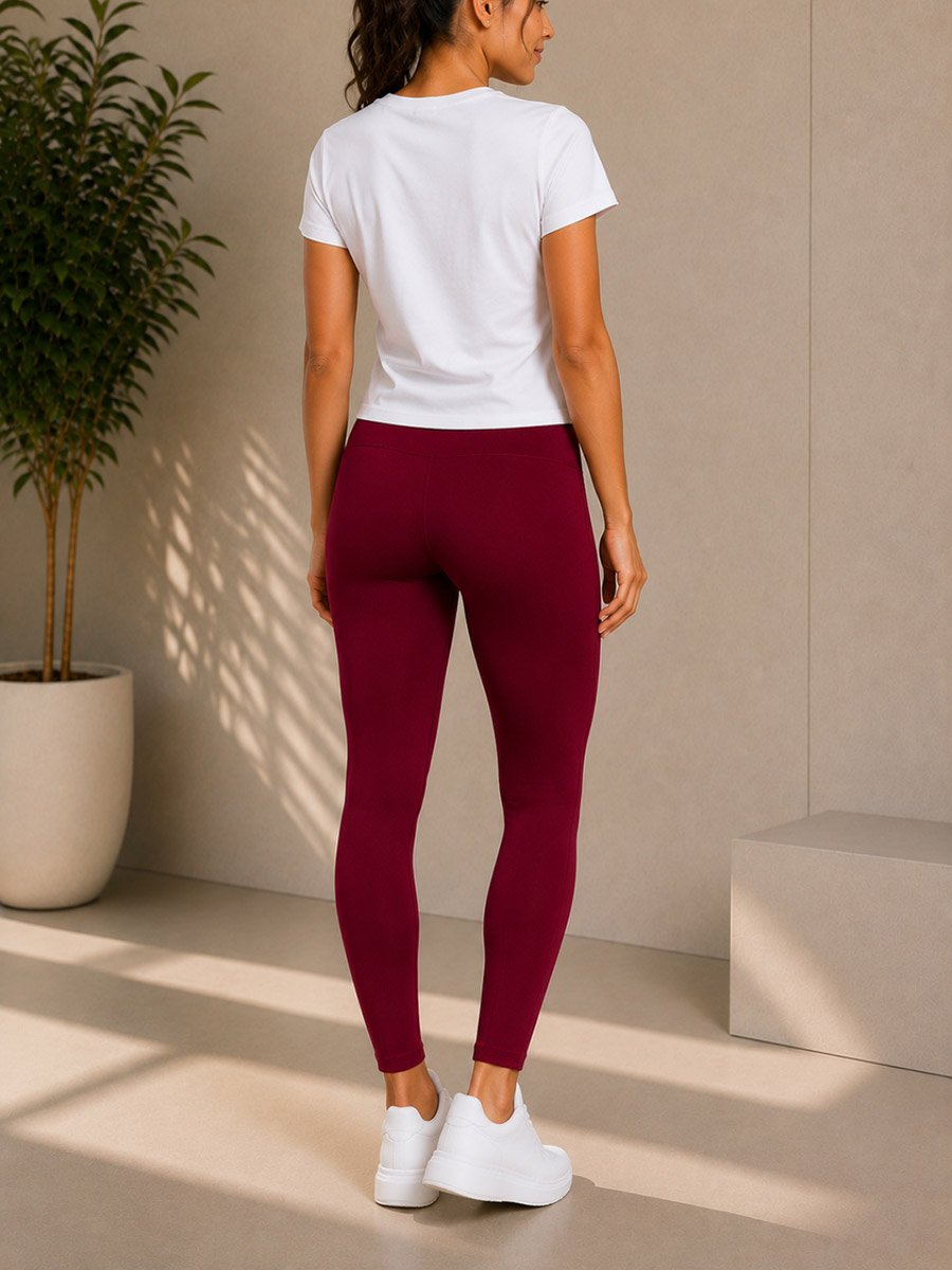 Burgundy Solid Active Leggings with Logo Print