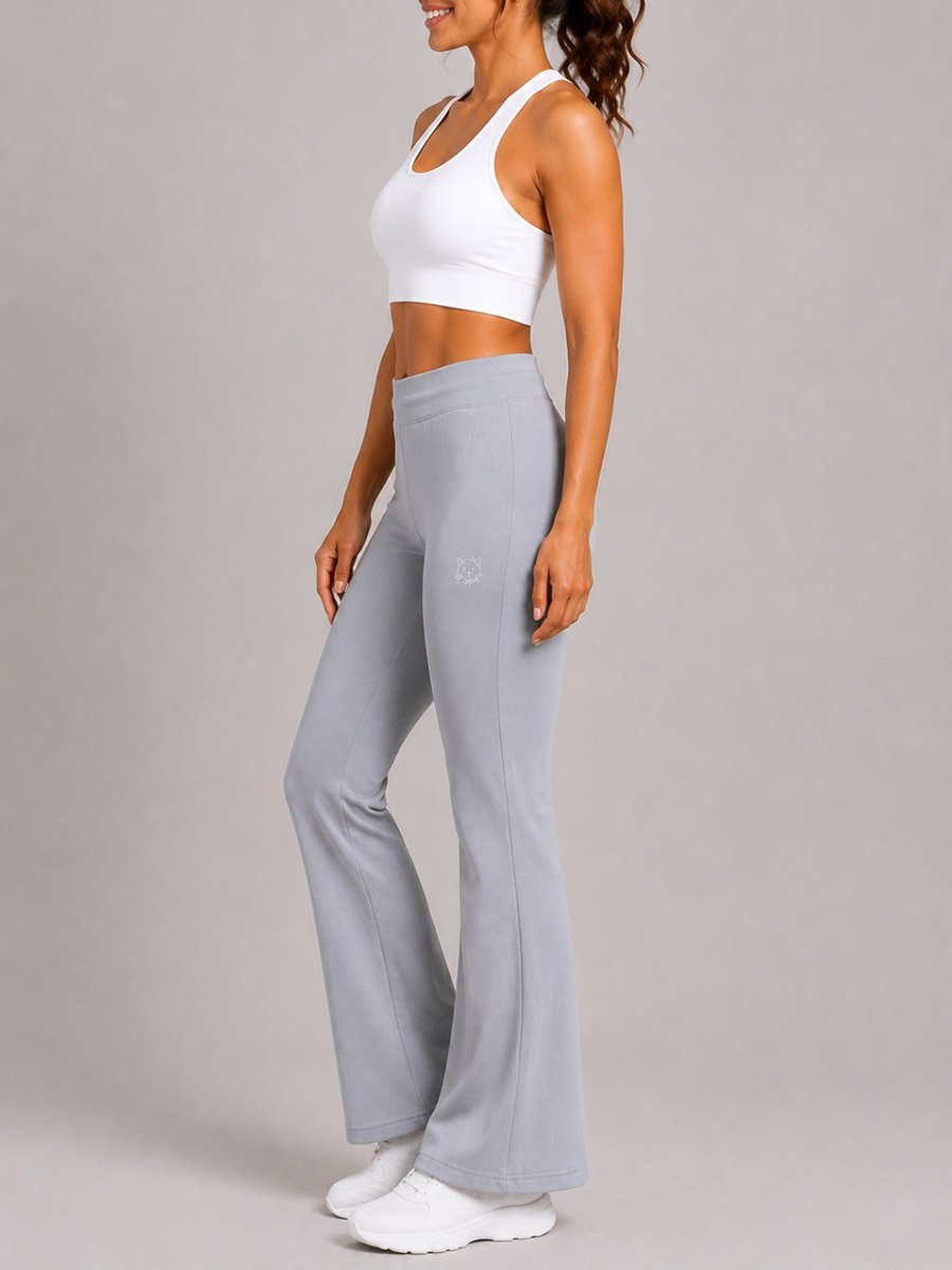 Grey Solid Flared Yoga Pants with Drawstring Waist and Pockets