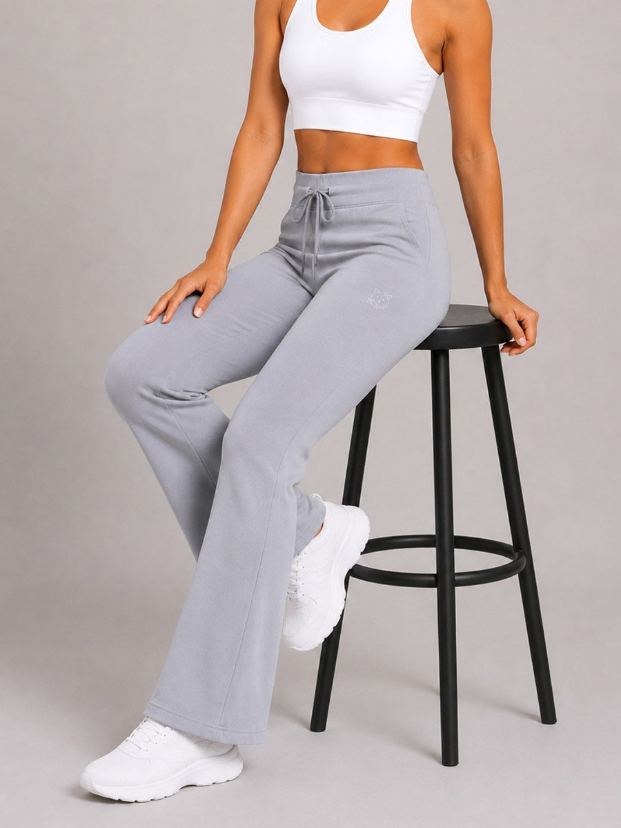 Grey Solid Flared Yoga Pants with Drawstring Waist and Pockets