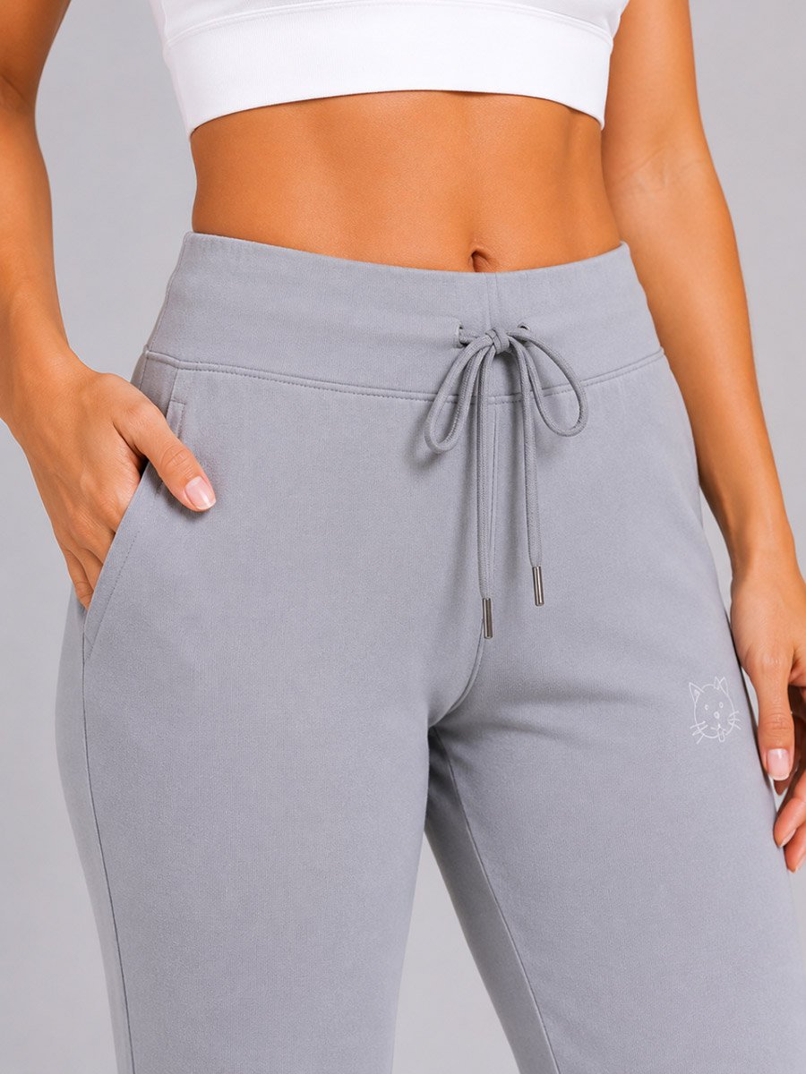 Grey Solid Flared Yoga Pants with Drawstring Waist and Pockets