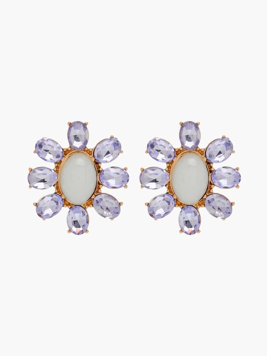 Gold Tone Floral Stone Embellished Stud Earrings with Pushback Closure