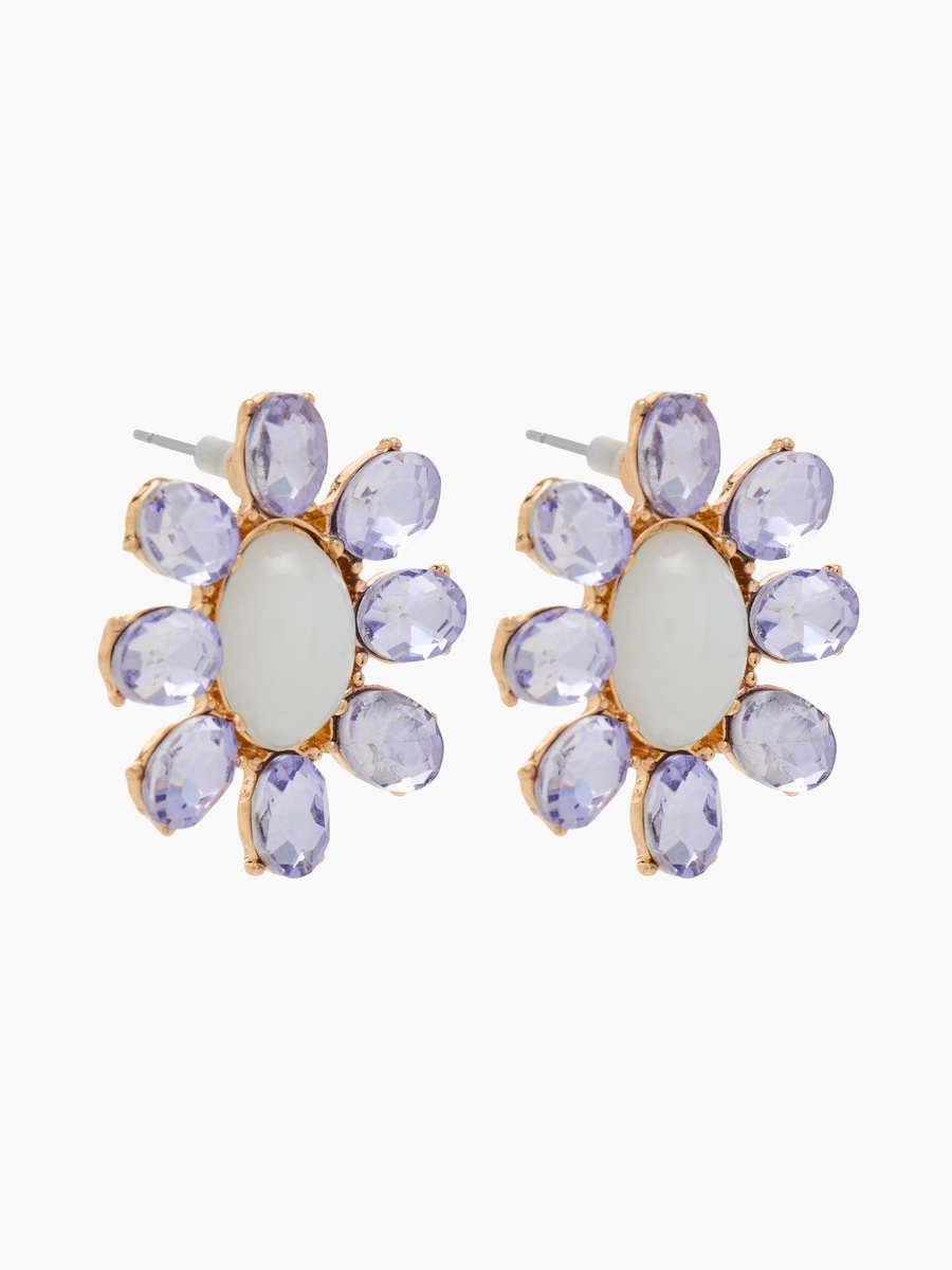 Gold Tone Floral Stone Embellished Stud Earrings with Pushback Closure