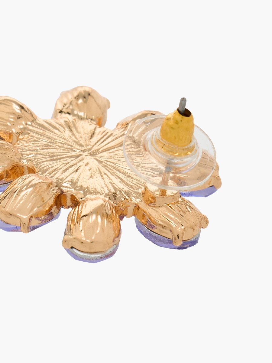 Gold Tone Floral Stone Embellished Stud Earrings with Pushback Closure