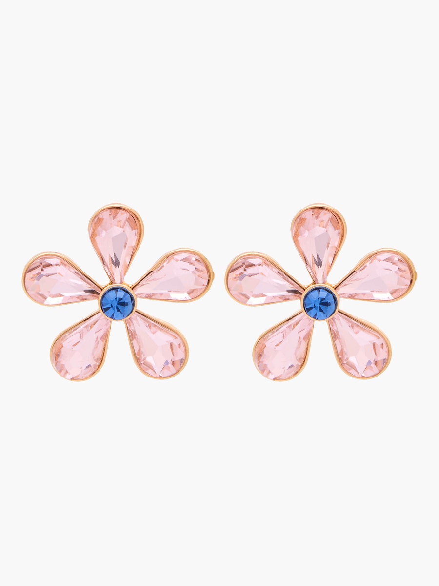 Gold Tone Floral Stone Embellished Stud Earrings with Pushback Closure