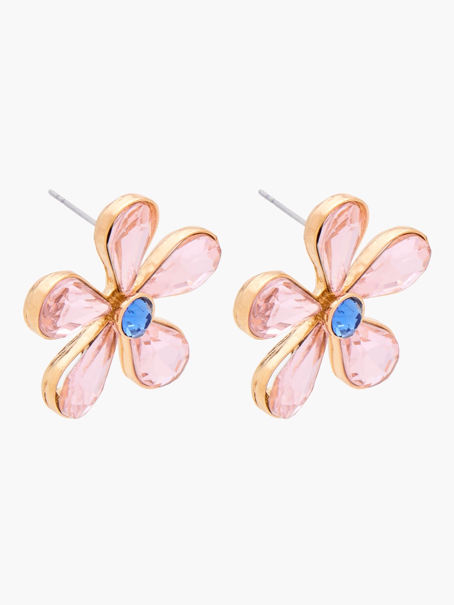 Gold Tone Floral Stone Embellished Stud Earrings with Pushback Closure