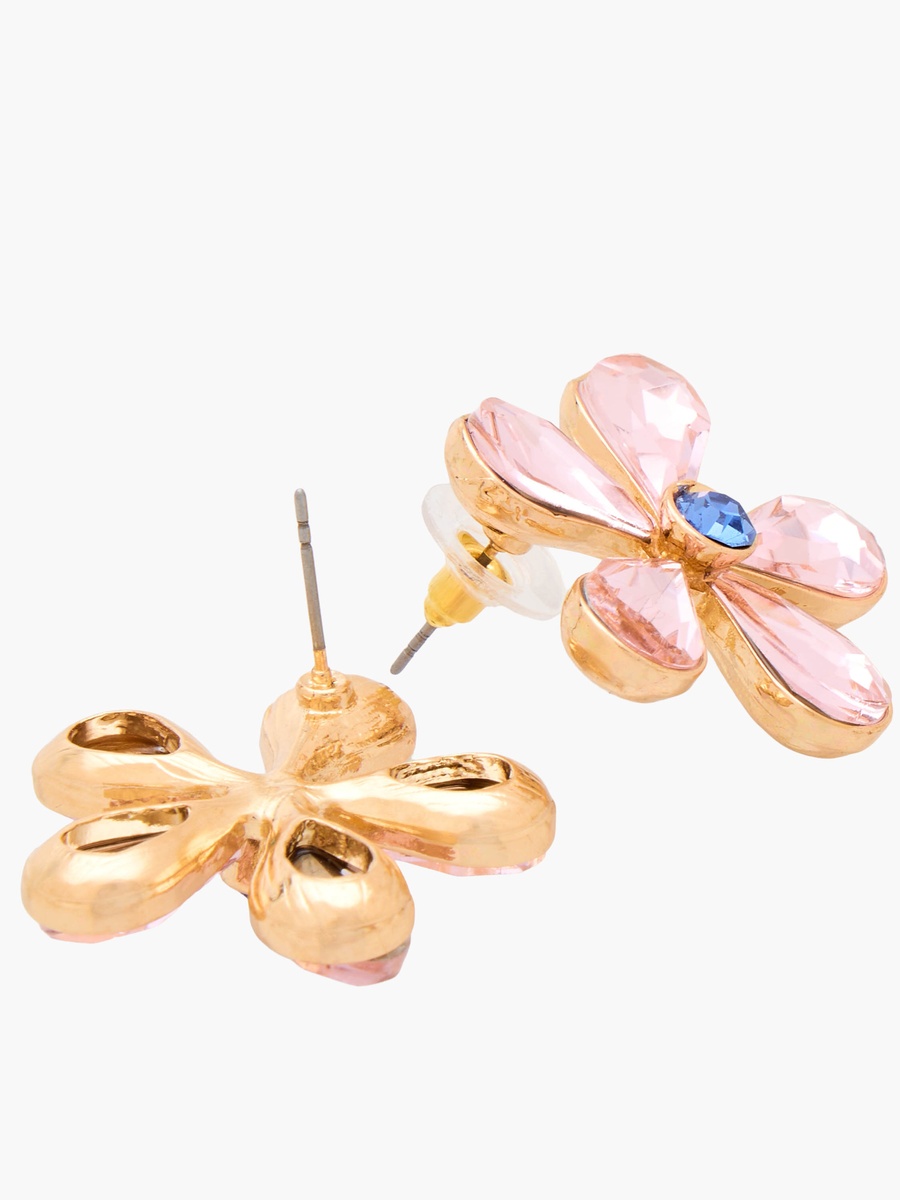 Gold Tone Floral Stone Embellished Stud Earrings with Pushback Closure