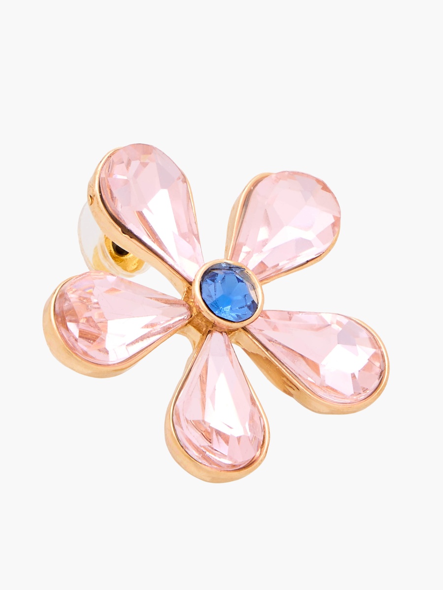 Gold Tone Floral Stone Embellished Stud Earrings with Pushback Closure
