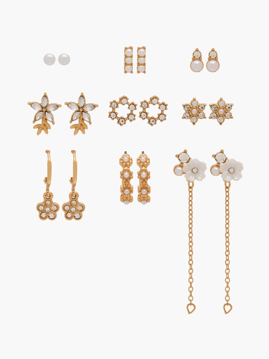 Pack of 9 Gold Tone Embellished Earrings with Pushback Closure