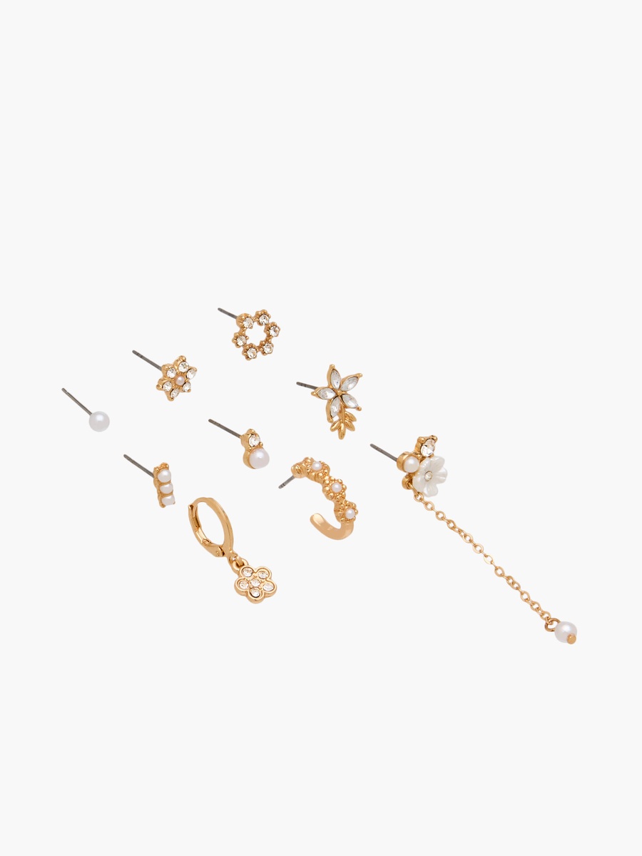 Pack of 9 Gold Tone Embellished Earrings with Pushback Closure