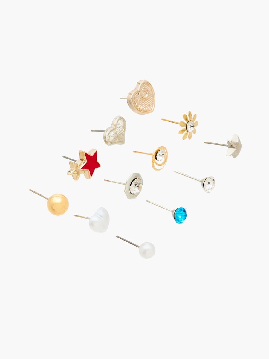 Pack of 12 Metallic Embellished Stud Earrings with Pushback Closure