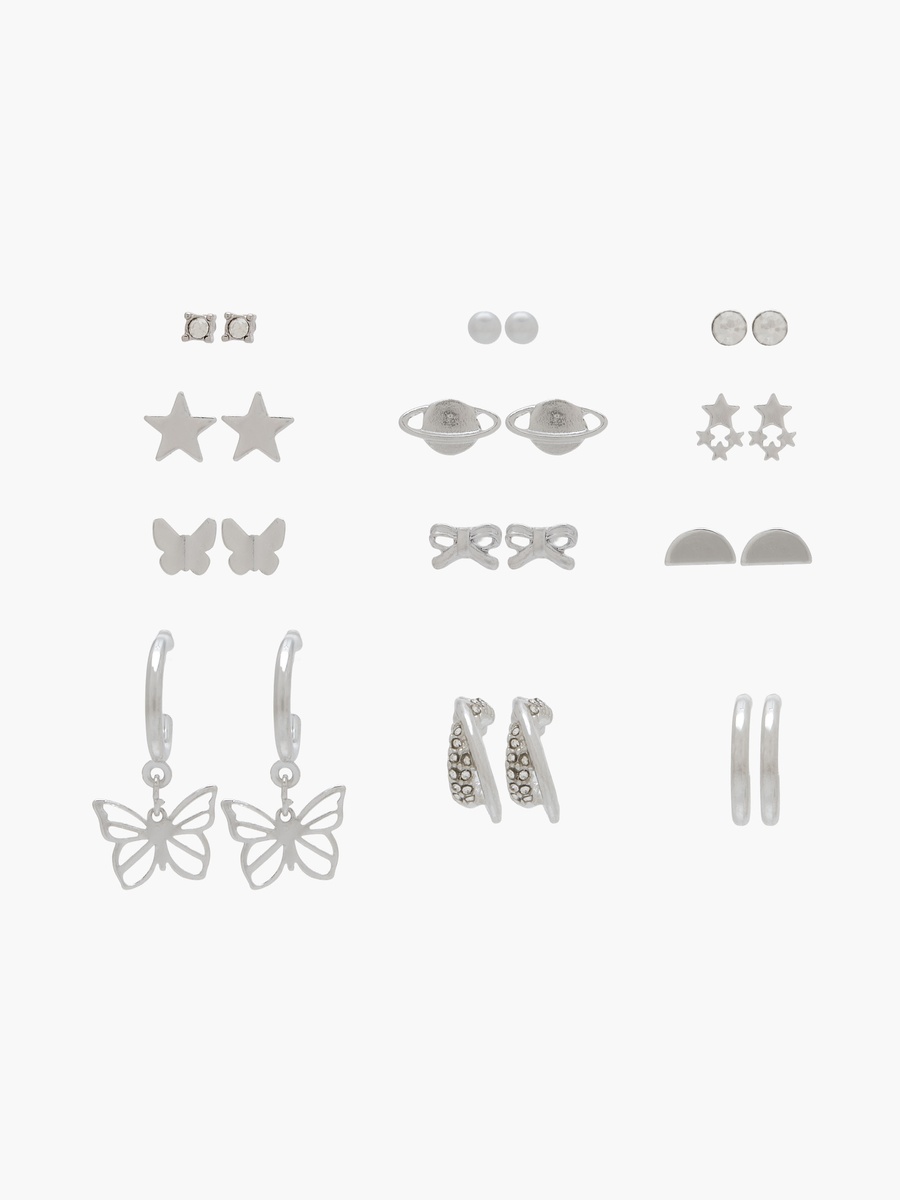 Pack of 12 Assorted Silver Tone Earrings with Pushback Closure