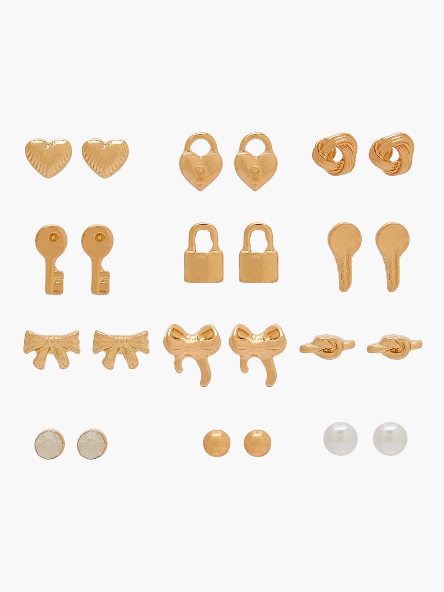 Pack of 12 Assorted Gold Tone Stud Earrings with Pushback Closure