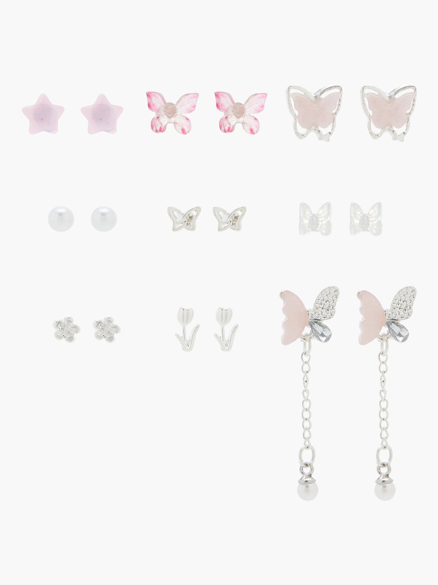 Pack of 9 Silver Tone Assorted Earrings with Pushback Closure