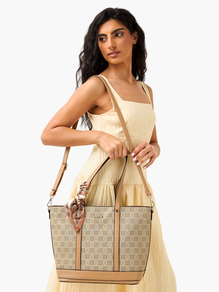 Monogram Print Tote Bag with Scarf