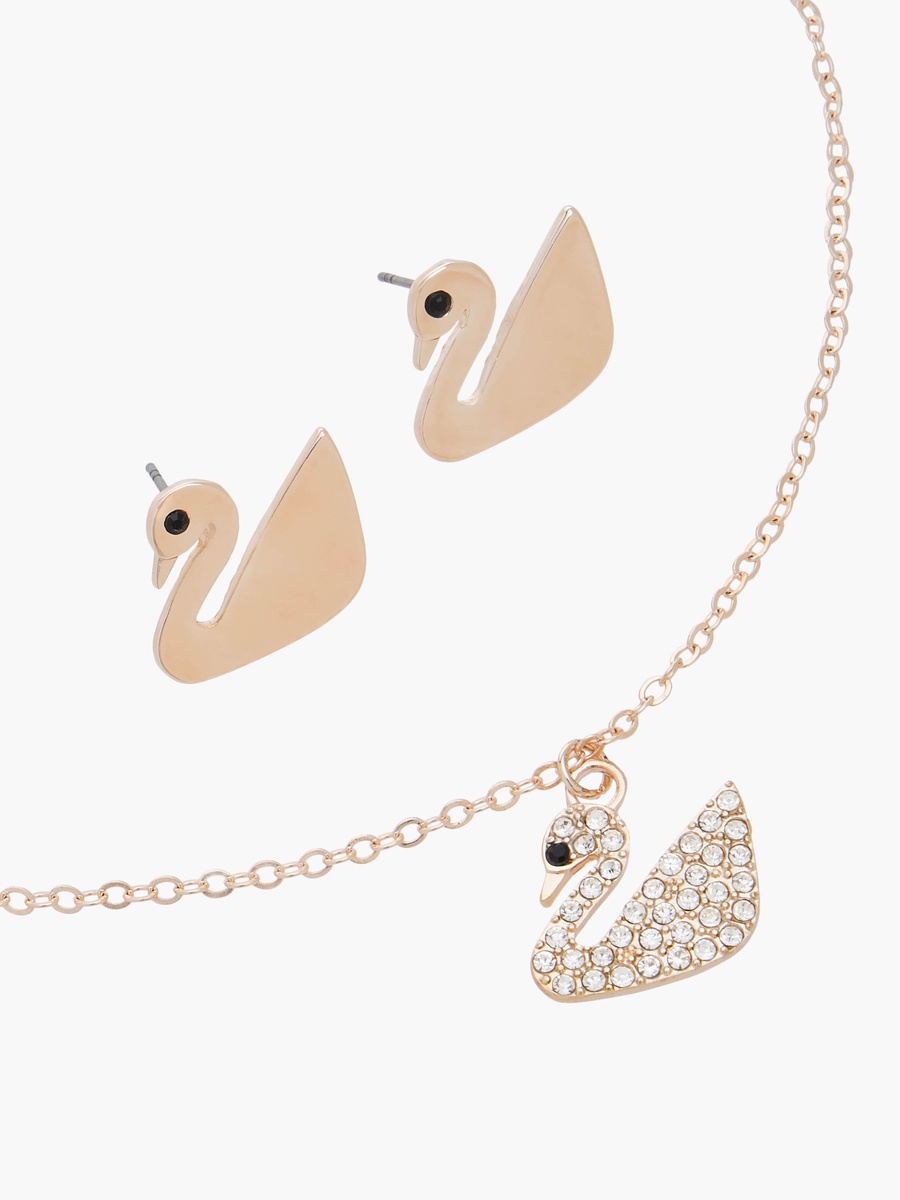Set of 2 - Metal Stone Embellished Swan Pendant Necklace and Earrings