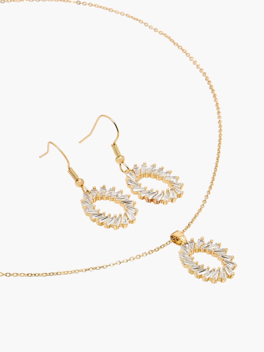 Set of 2 Cubic Zirconia Embellished Metal Necklace and Earrings