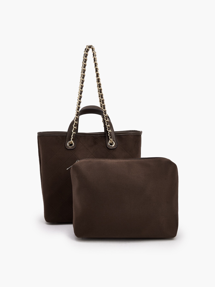 Quilted Suede Look Tote Bag with Pouch