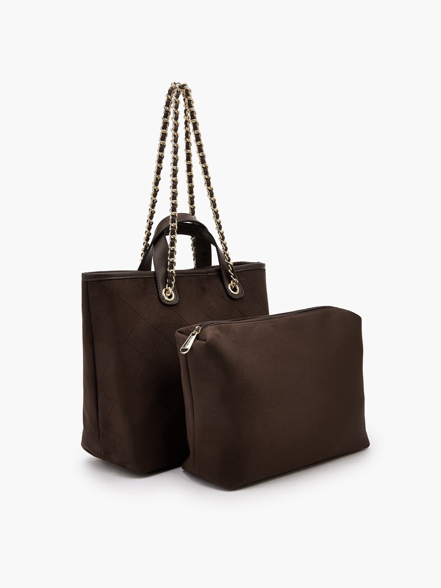 Quilted Suede Look Tote Bag with Pouch
