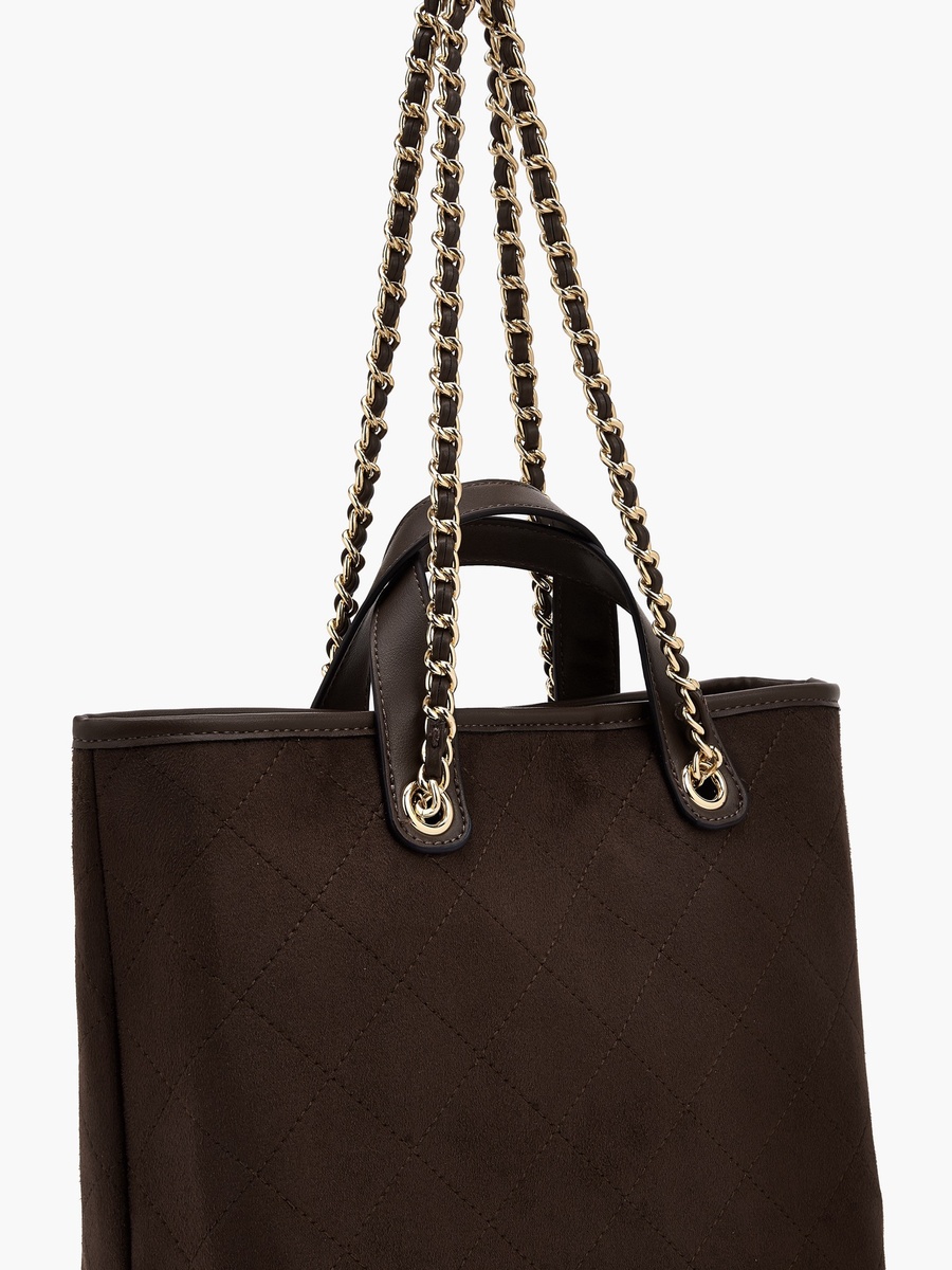 Quilted Suede Look Tote Bag with Pouch