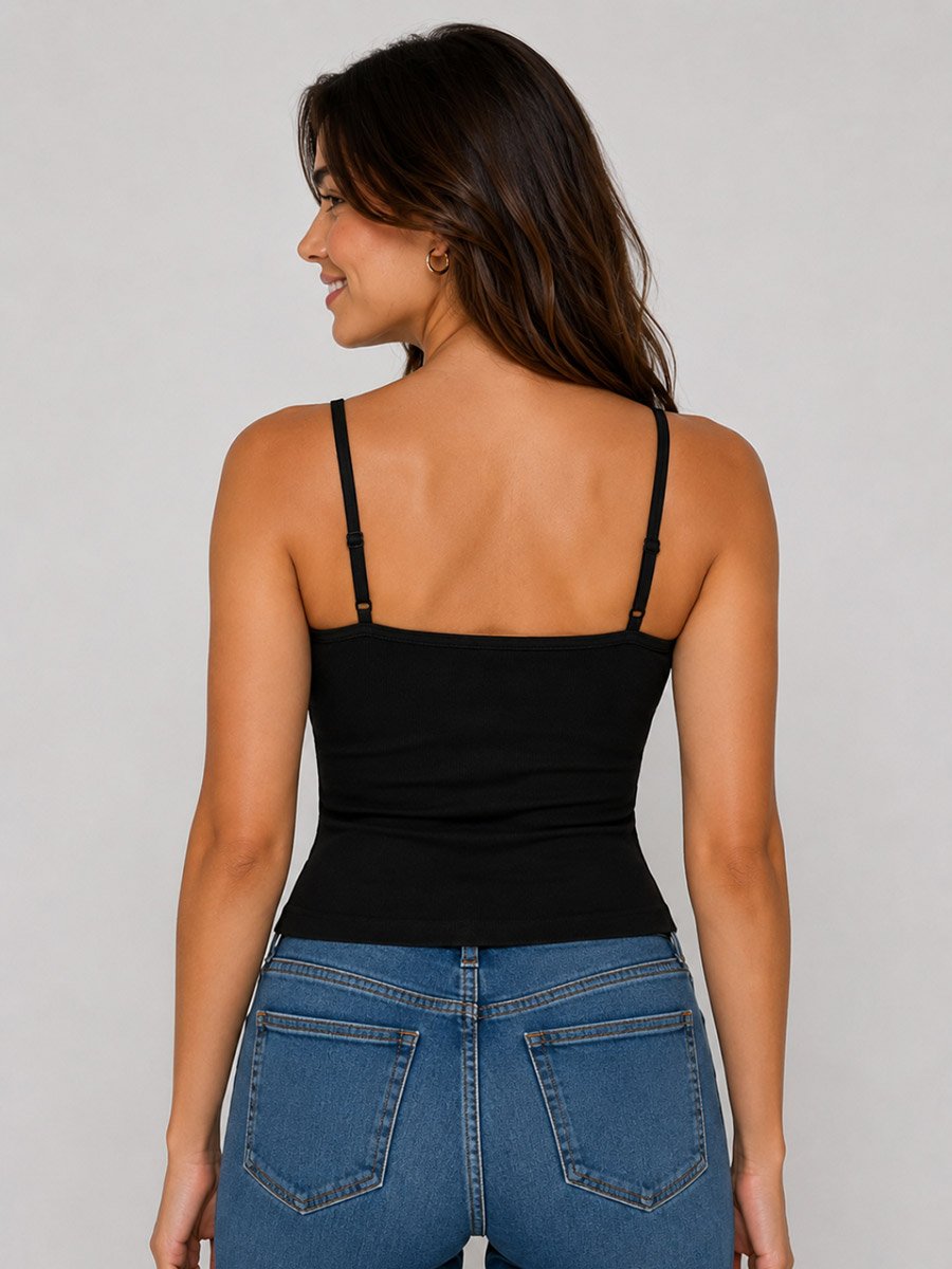 Black Ribbed Strappy Cami Top with Bow Detail