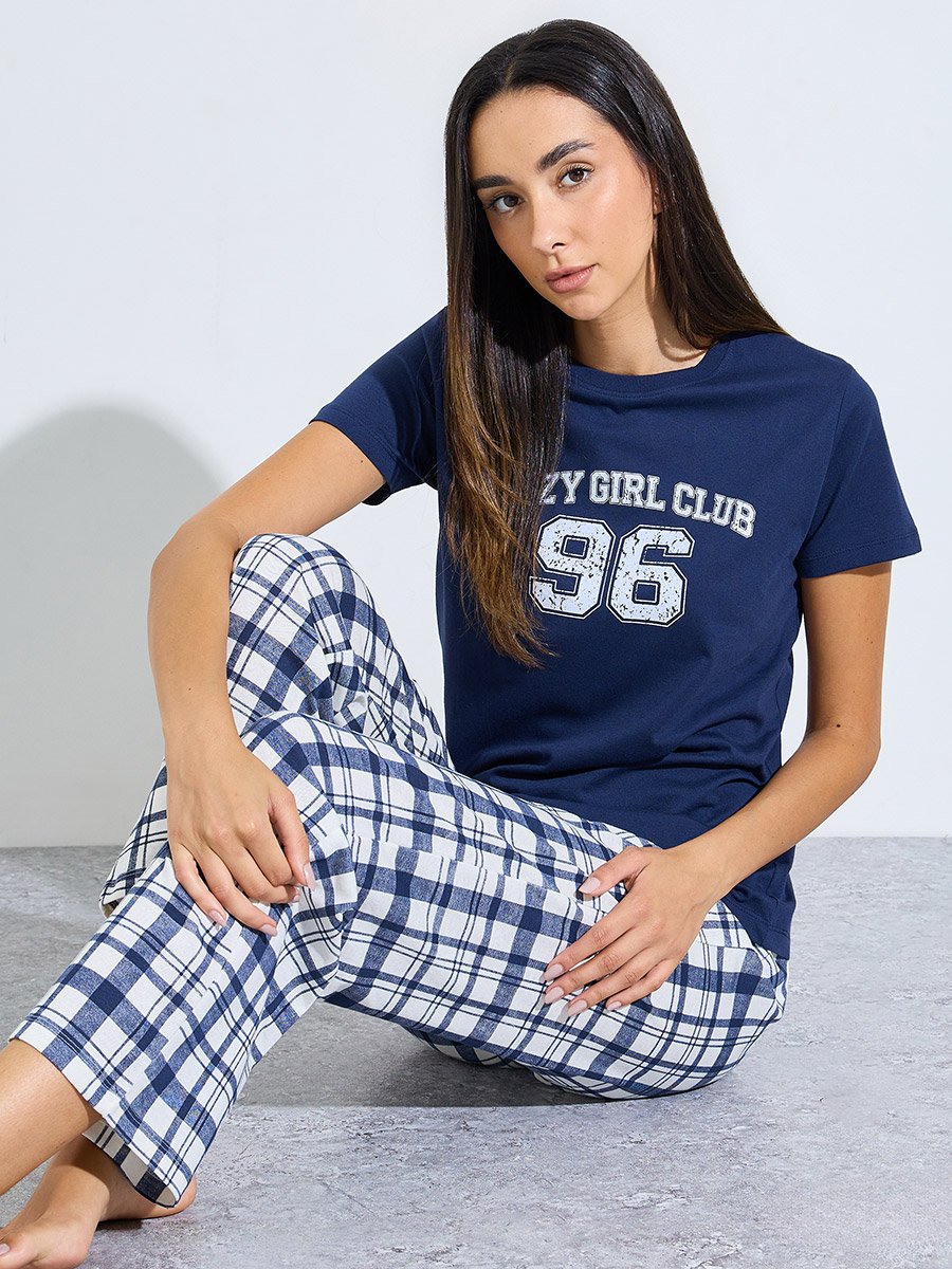 Nav Blue Cozy Girl Club T-Shirt and Check Pyjama Set