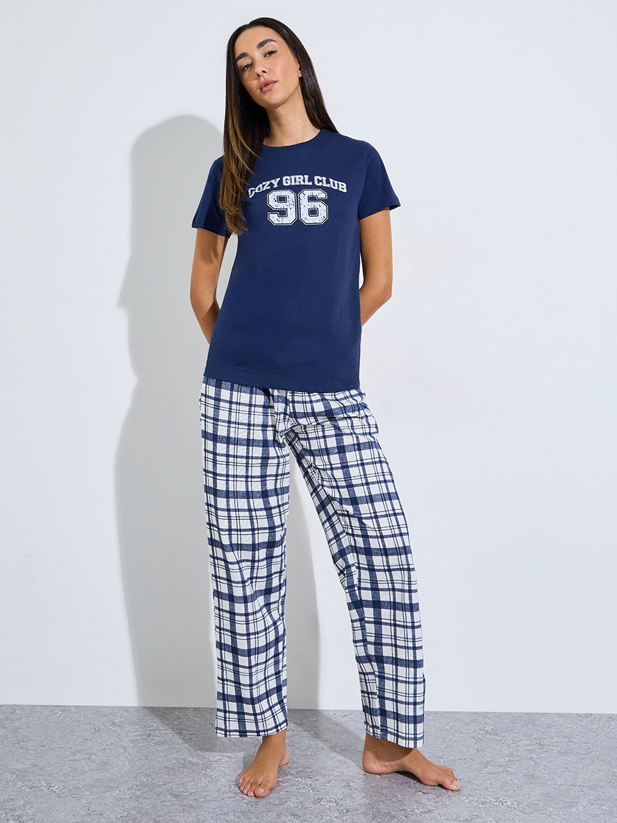 Nav Blue Cozy Girl Club T-Shirt and Check Pyjama Set