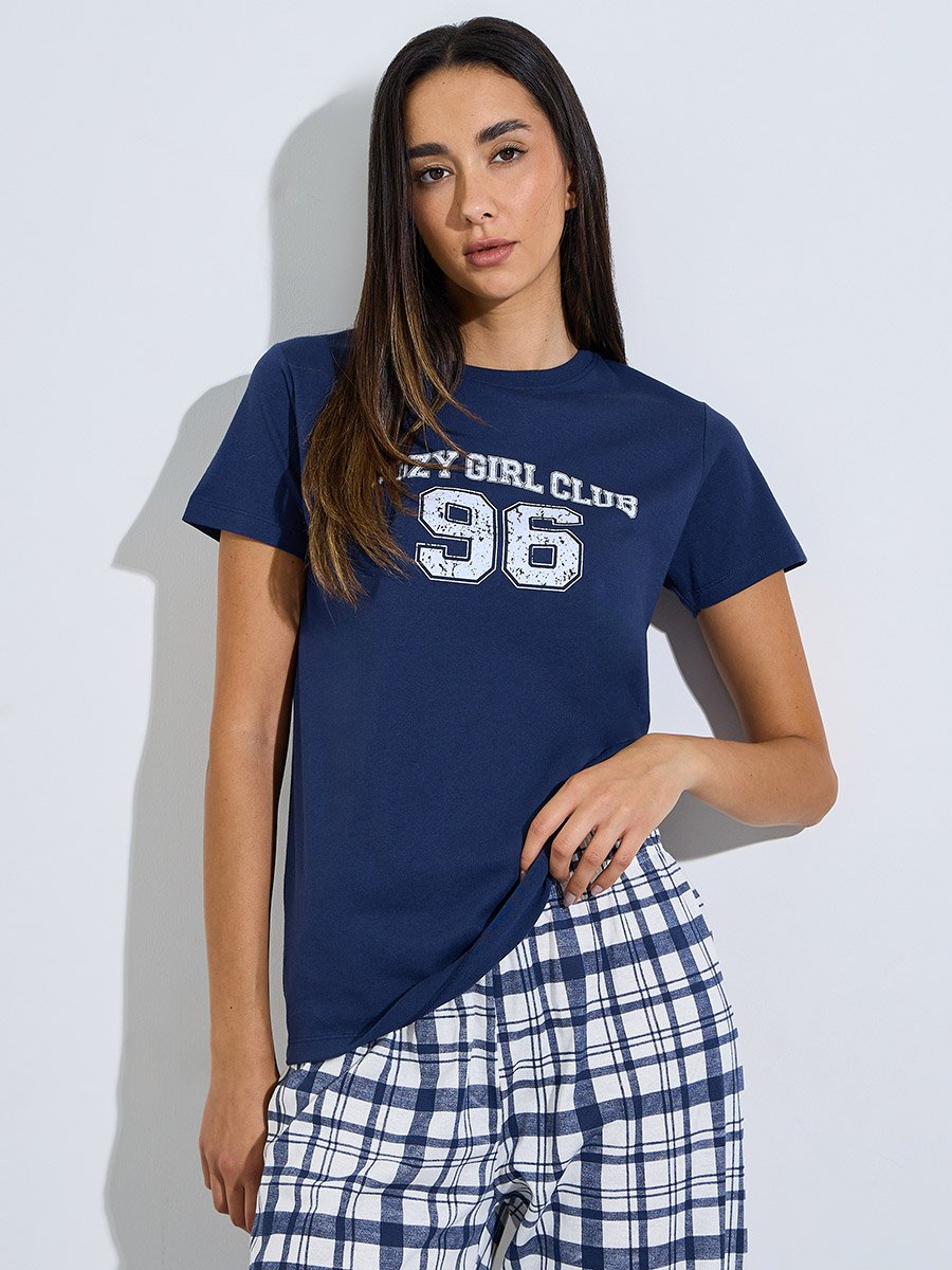 Nav Blue Cozy Girl Club T-Shirt and Check Pyjama Set