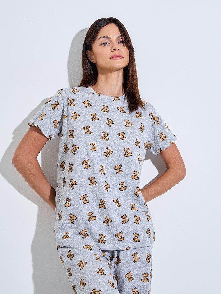 Grey Teddy Bear Print Cotton Blend T-Shirt and Pyjama Set