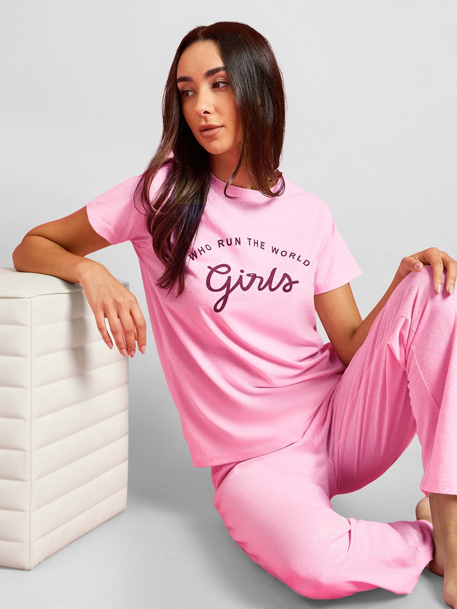Who Run The World Slogan Print T-Shirt and Straight Leg Pyjama Set