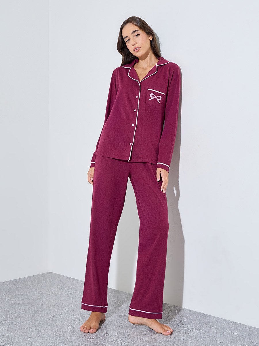 Burgundy Bow Print Piped Shirt and Pyjama Set