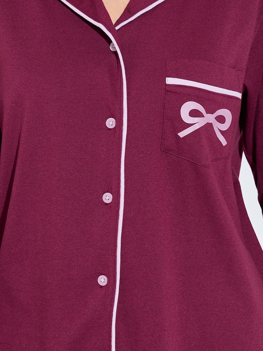 Burgundy Bow Print Piped Shirt and Pyjama Set