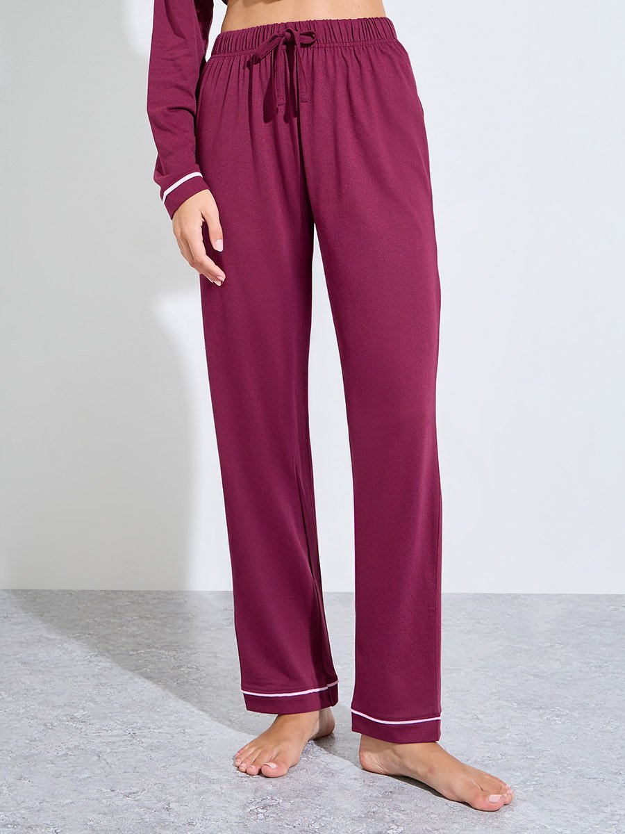 Burgundy Bow Print Piped Shirt and Pyjama Set
