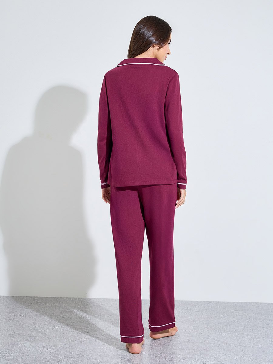Burgundy Bow Print Piped Shirt and Pyjama Set