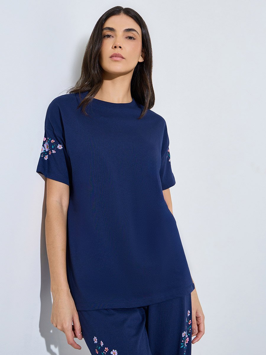 Navy Blue Floral Print T-Shirt and Pants Pyjama Set