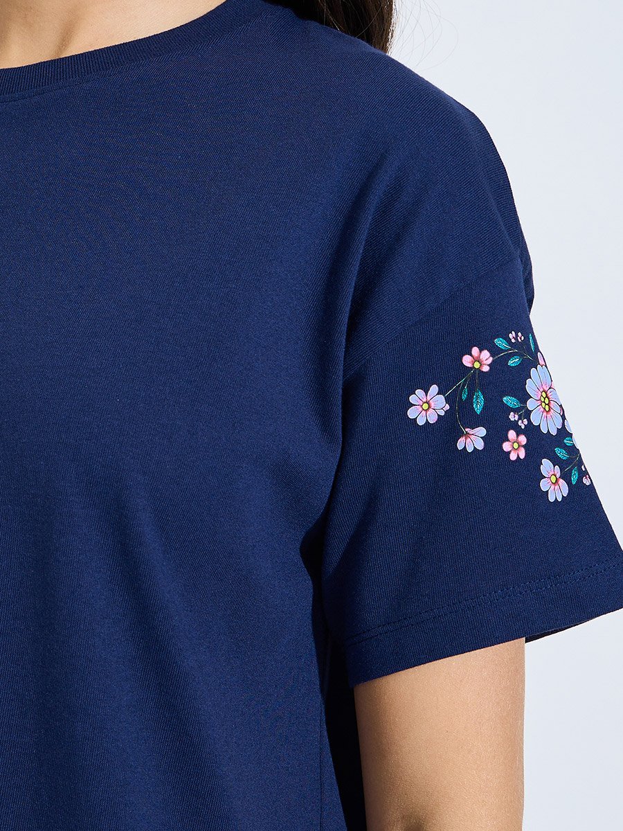 Navy Blue Floral Print T-Shirt and Pants Pyjama Set