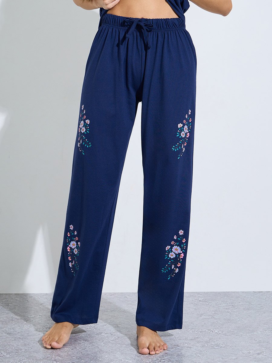 Navy Blue Floral Print T-Shirt and Pants Pyjama Set