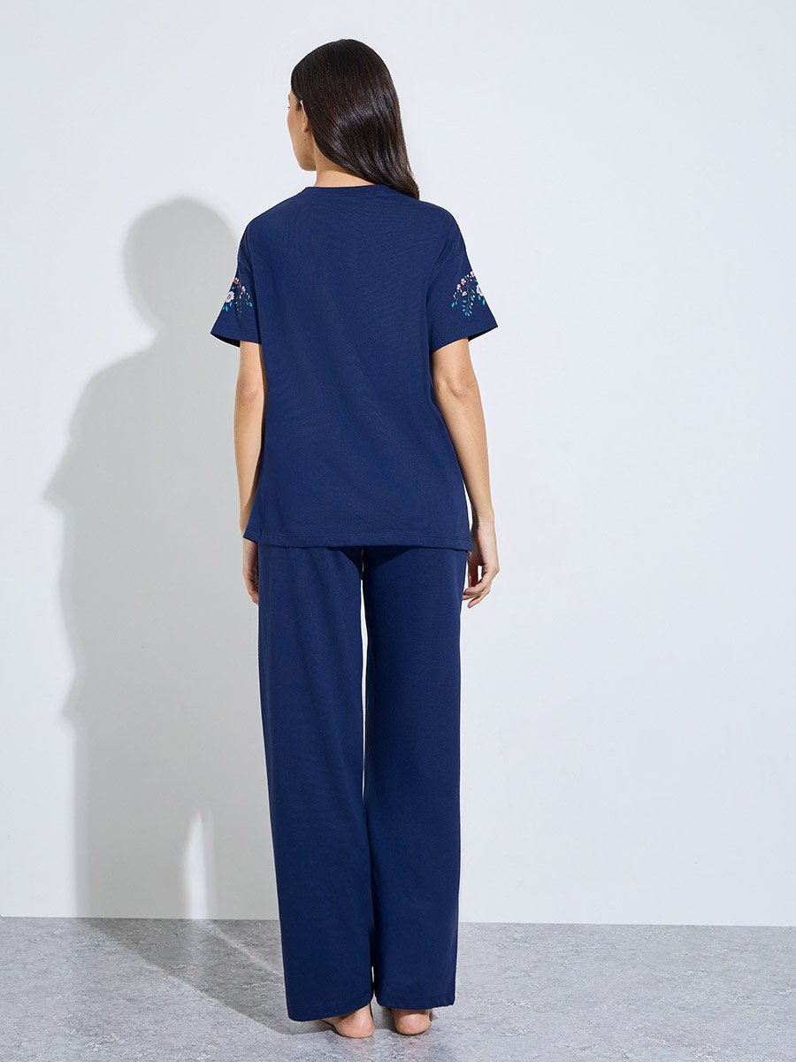Navy Blue Floral Print T-Shirt and Pants Pyjama Set