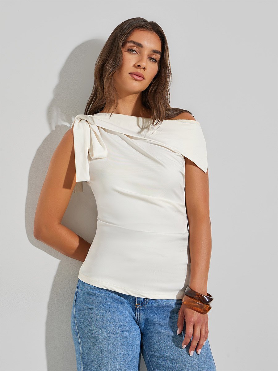Cream Asymmetric Neck Sleeveless Knit Top