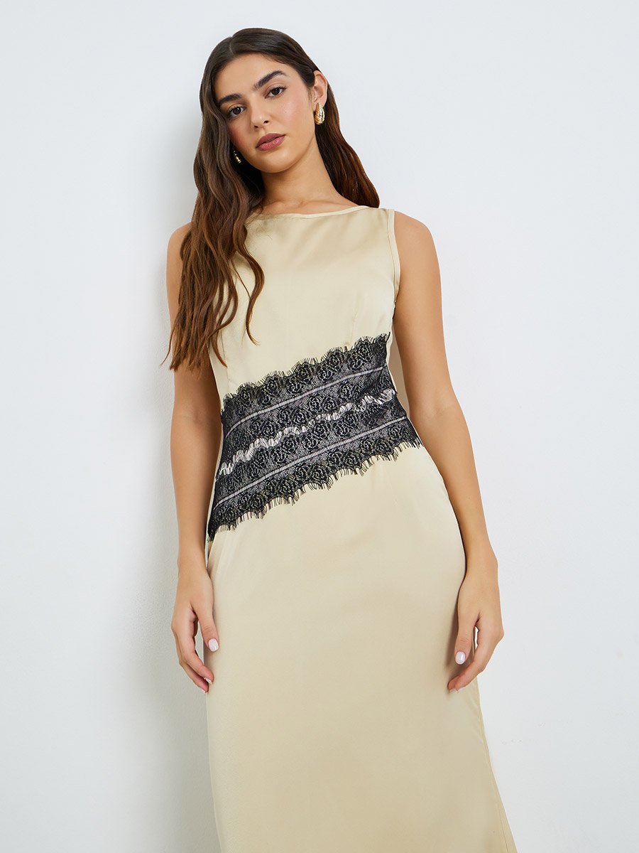 Light Yellow Lace Insert Maxi Dress
