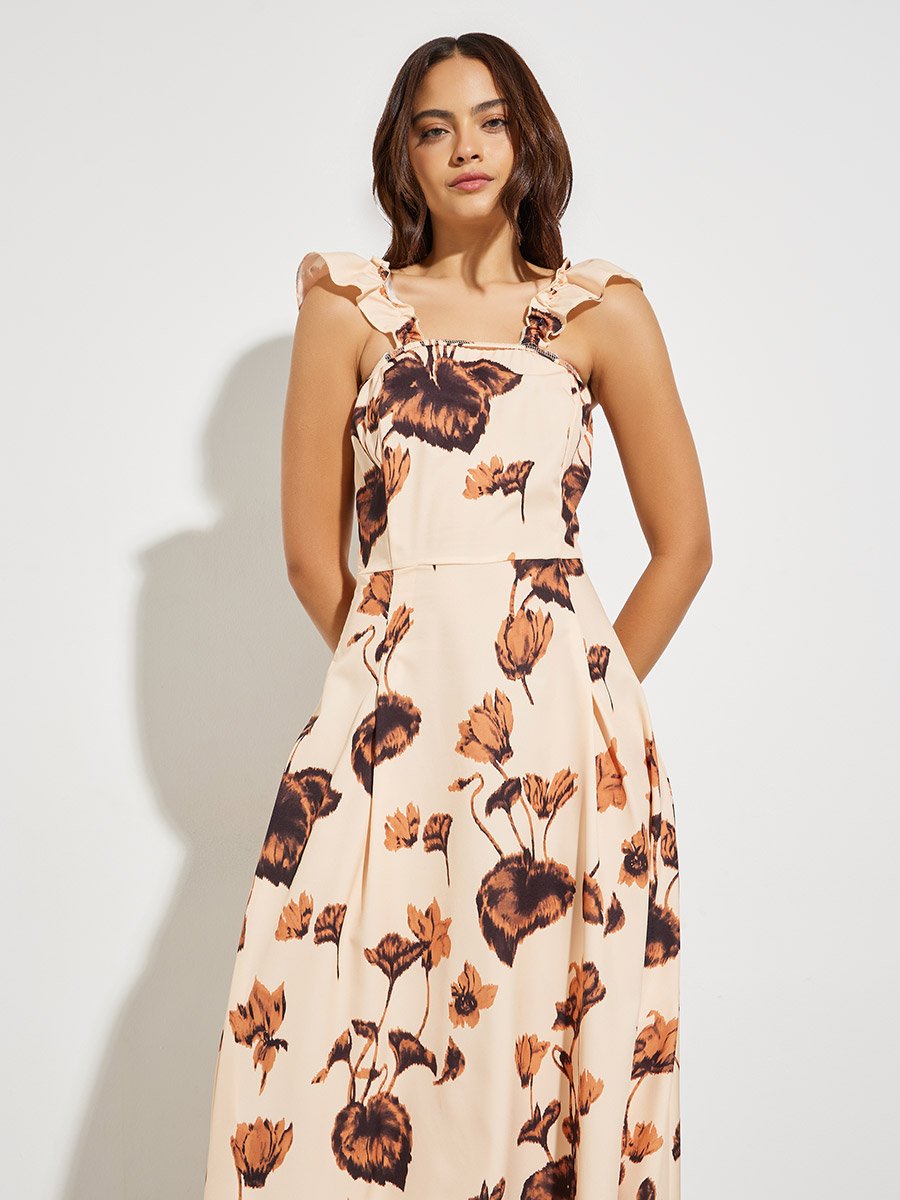 Beige Floral Print Maxi Dress