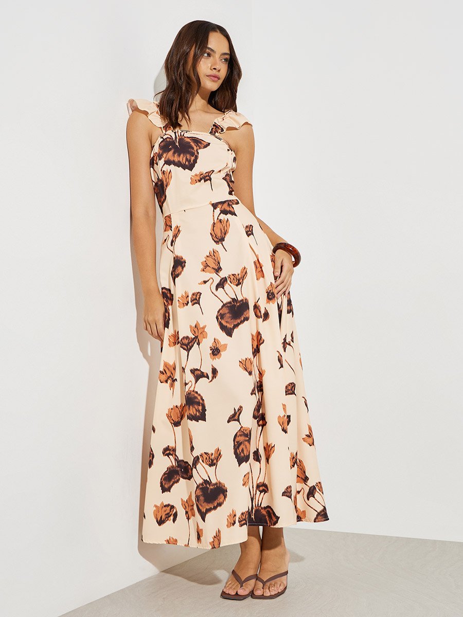 Beige Floral Print Maxi Dress