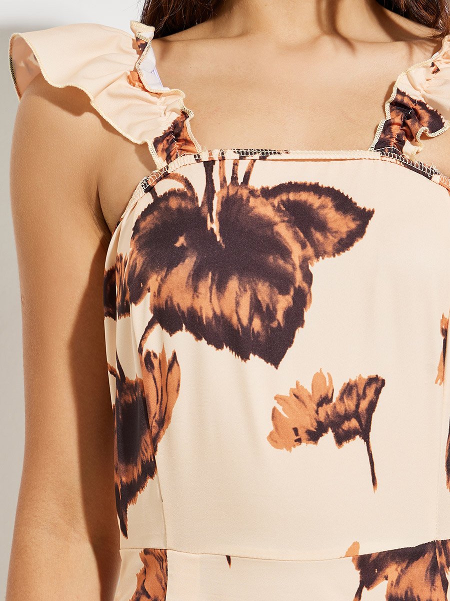 Beige Floral Print Maxi Dress